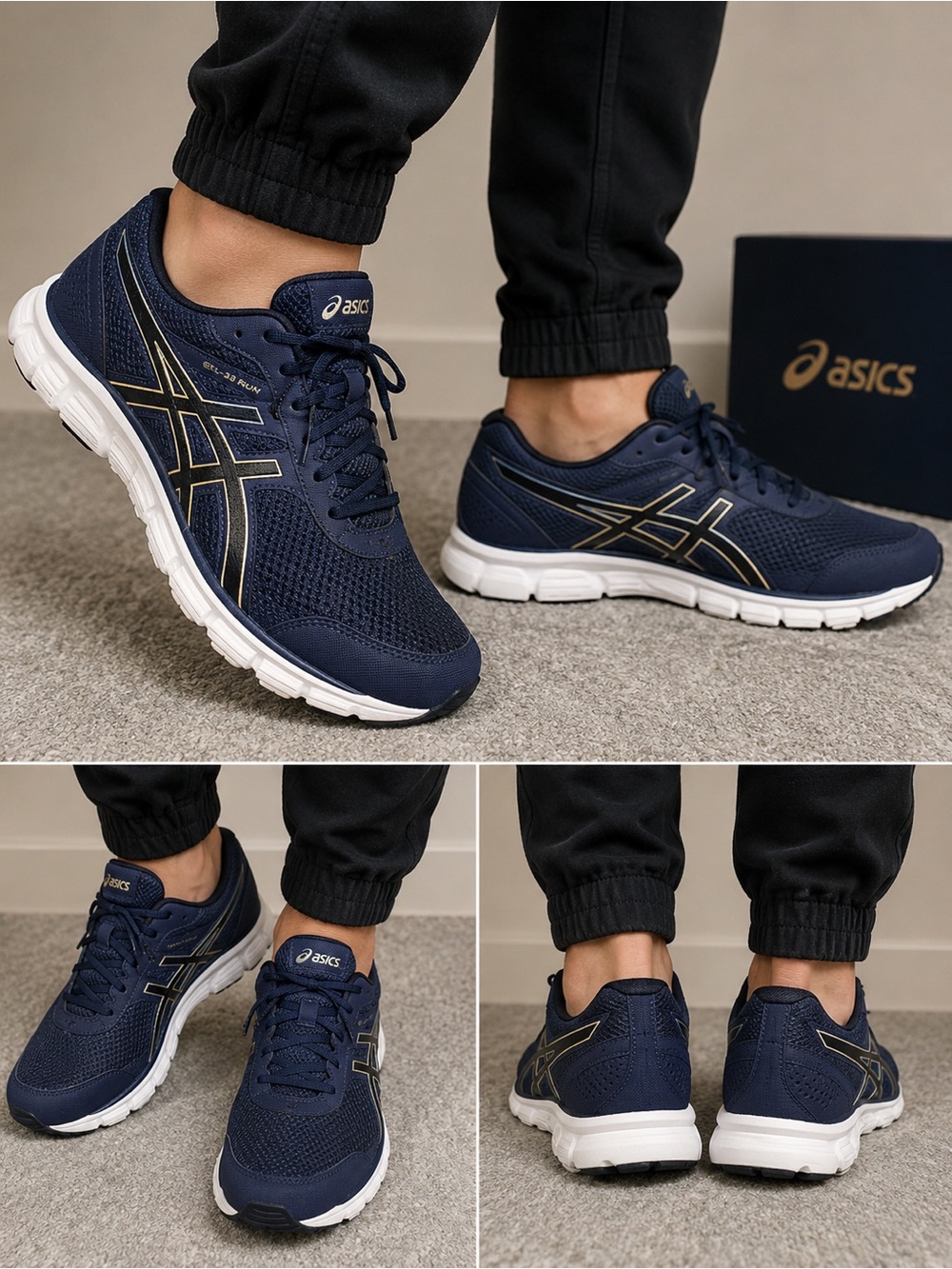 Asics Navy Blue Mesh Trainers with White Soles and Gold Accents